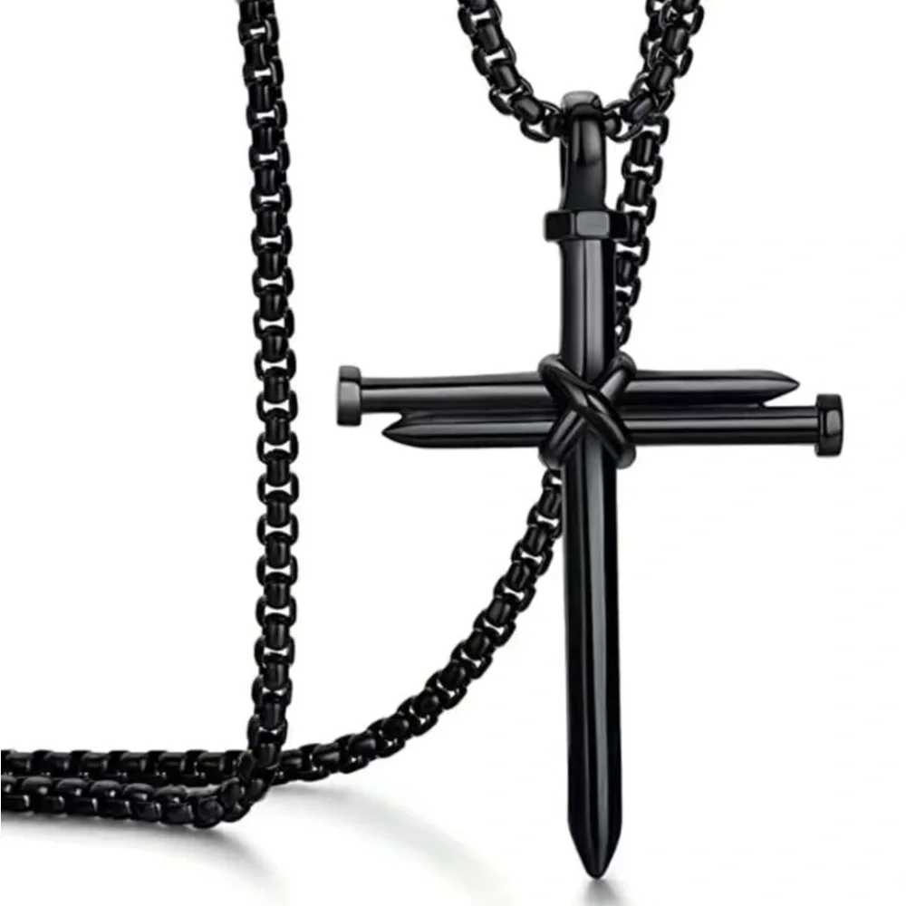 Cross 3 Nail Necklace Statement Piece Pendant Chain and Gift Pouch Black